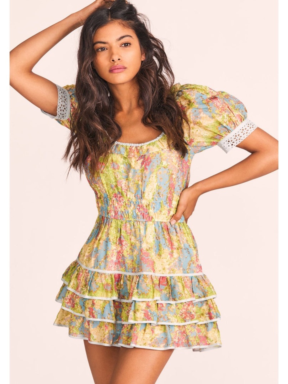 LoveShackFancy Pastel Yellow Floral Puff-Sleeve Tiered Mini Dress